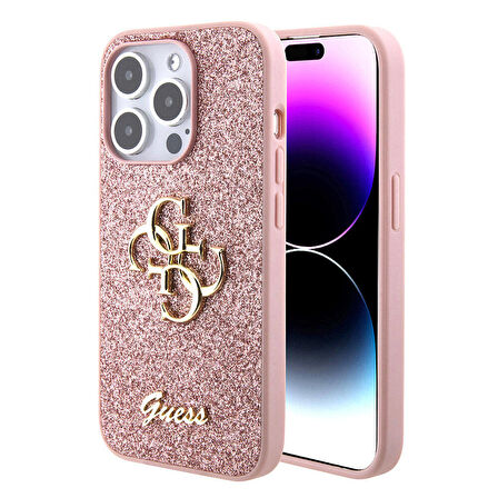 iPhone 15 Pro Max Uyumlu Kılıf Guess Orjinal Lisanslı 4G Büyük Metal Logolu Glitter Kapak Pembe