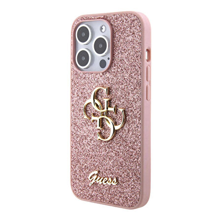 iPhone 15 Pro Max Uyumlu Kılıf Guess Orjinal Lisanslı 4G Büyük Metal Logolu Glitter Kapak Pembe