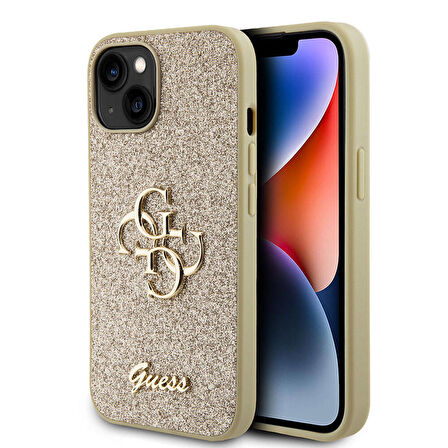 iPhone 15 Plus Uyumlu Kılıf Guess Orjinal Lisanslı 4G Büyük Metal Logolu Glitter Kapak Gold