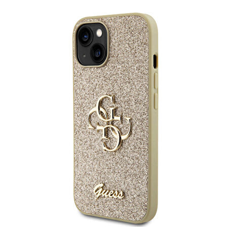 iPhone 15 Plus Uyumlu Kılıf Guess Orjinal Lisanslı 4G Büyük Metal Logolu Glitter Kapak Gold
