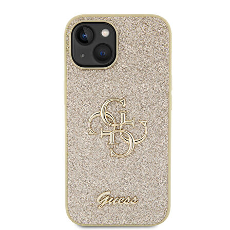 iPhone 15 Plus Uyumlu Kılıf Guess Orjinal Lisanslı 4G Büyük Metal Logolu Glitter Kapak Gold