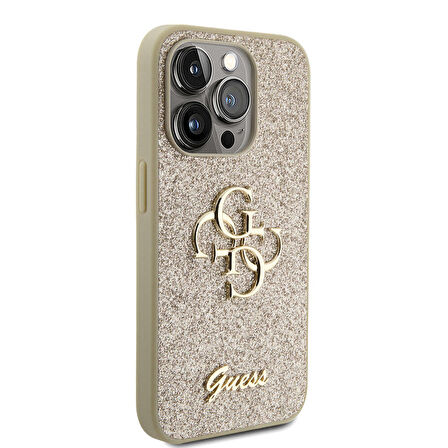 iPhone 15 Pro Uyumlu Kılıf Guess Orjinal Lisanslı 4G Büyük Metal Logolu Glitter Kapak Gold