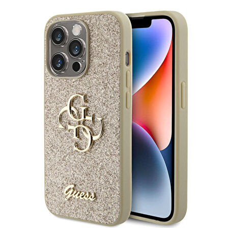 iPhone 15 Pro Uyumlu Kılıf Guess Orjinal Lisanslı 4G Büyük Metal Logolu Glitter Kapak Gold