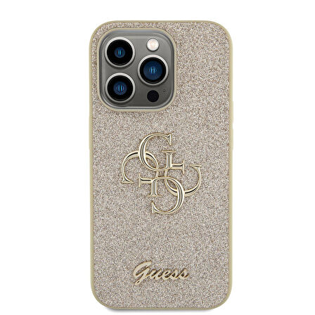 iPhone 15 Pro Uyumlu Kılıf Guess Orjinal Lisanslı 4G Büyük Metal Logolu Glitter Kapak Gold