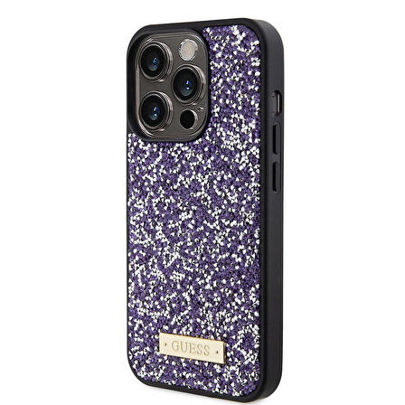 iPhone 15 Pro Uyumlu Kılıf Guess Orjinal Lisanslı Taşlı Arka Yüzey Metal Yazı Logolu Pembe Açık
