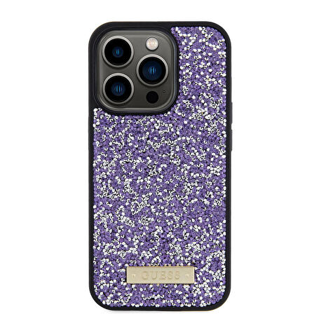 iPhone 15 Pro Uyumlu Kılıf Guess Orjinal Lisanslı Taşlı Arka Yüzey Metal Yazı Logolu Pembe Açık