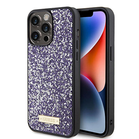 iPhone 15 Pro Max Uyumlu Kılıf Guess Orjinal Lisanslı Taşlı Arka Yüzey Metal Yazı Logolu Pembe Açık