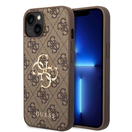 iPhone 15 Plus Uyumlu Kılıf Guess Orjinal Lisanslı PU Deri Yazı ve 4G Metal Logolu Desen Kahverengi