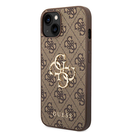 iPhone 15 Plus Uyumlu Kılıf Guess Orjinal Lisanslı PU Deri Yazı ve 4G Metal Logolu Desen Kahverengi