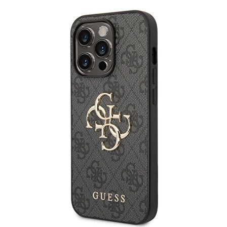 iPhone 15 Pro Max Uyumlu Kılıf Guess Orjinal Lisanslı PU Deri Yazı ve 4G Metal Logolu Desenli Gri