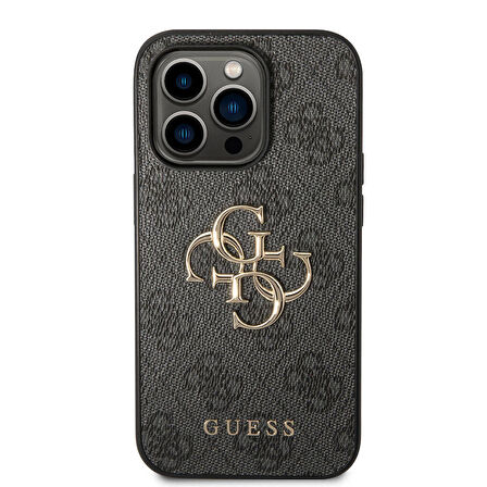 iPhone 15 Pro Max Uyumlu Kılıf Guess Orjinal Lisanslı PU Deri Yazı ve 4G Metal Logolu Desenli Gri