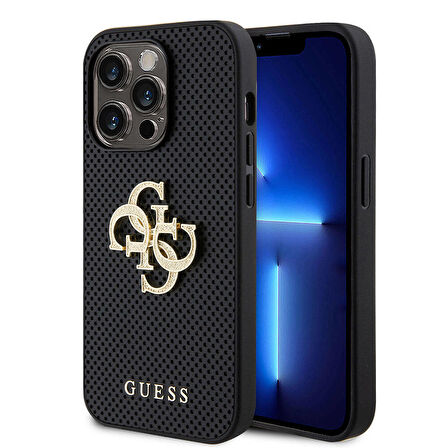 iPhone 14 Pro Max Kılıf Guess Orjinal Lisanslı Delikli Yazı ve 4G Glitter Büyük Metal Logolu Siyah