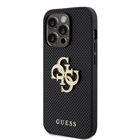 iPhone 14 Pro Max Kılıf Guess Orjinal Lisanslı Delikli Yazı ve 4G Glitter Büyük Metal Logolu Siyah