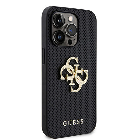 iPhone 14 Pro Max Kılıf Guess Orjinal Lisanslı Delikli Yazı ve 4G Glitter Büyük Metal Logolu Siyah