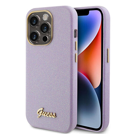 iPhone 15 Pro Max Uyumlu Kılıf Guess Orjinal Lisanslı Yazı Logolu Glitter Glossy Script Kapak Lila