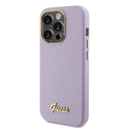 iPhone 15 Pro Max Uyumlu Kılıf Guess Orjinal Lisanslı Yazı Logolu Glitter Glossy Script Kapak Lila