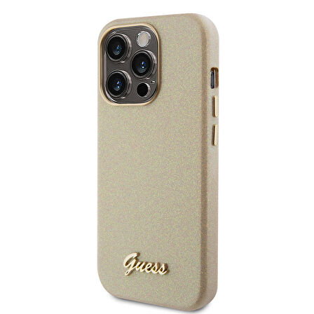 iPhone 15 Pro Max Uyumlu Kılıf Guess Orjinal Lisanslı Yazı Logolu Glitter Glossy Script Kapak Gold