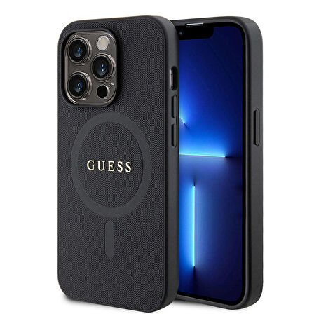 iPhone 15 Pro Uyumlu Kılıf Guess Orjinal Lisanslı Magsafe Şarj Özellikli Yazı Logolu Saffiano Siyah