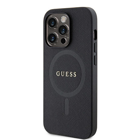iPhone 15 Pro Uyumlu Kılıf Guess Orjinal Lisanslı Magsafe Şarj Özellikli Yazı Logolu Saffiano Siyah