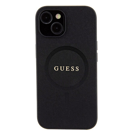 iPhone 15 Uyumlu Kılıf Guess Orjinal Lisanslı Magsafe Şarj Özellikli Yazı Logo Saffiano Kapak Siyah
