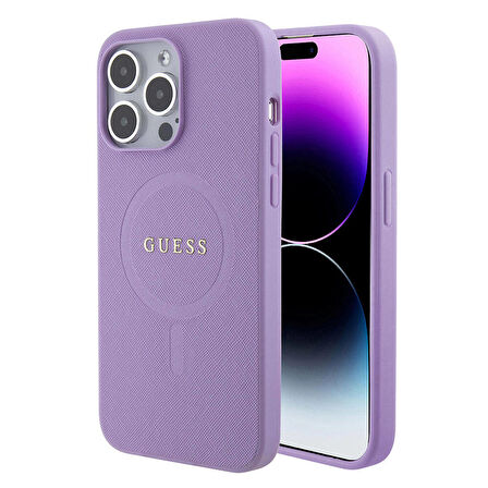 iPhone 15 Pro Max Uyumlu Kılıf Guess Orjinal Lisanslı Magsafe Şarj Yazı Logolu Saffiano Açık Mor