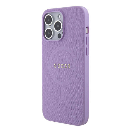iPhone 15 Pro Max Uyumlu Kılıf Guess Orjinal Lisanslı Magsafe Şarj Yazı Logolu Saffiano Açık Mor