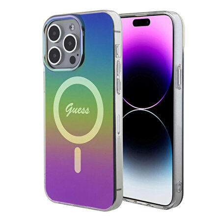 iPhone 15 Pro Uyumlu Kılıf Guess Orjinal Lisanslı Magsafe Şarj Özellikli Yazı Logo Iridescent Siyah