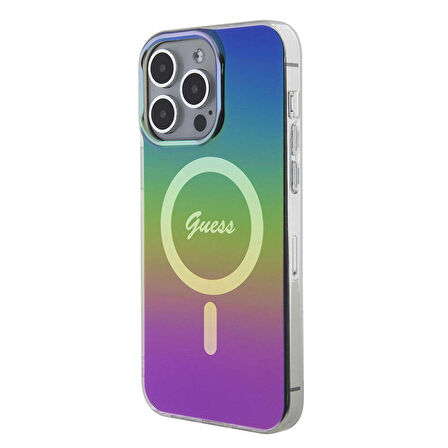 iPhone 15 Pro Uyumlu Kılıf Guess Orjinal Lisanslı Magsafe Şarj Özellikli Yazı Logo Iridescent Siyah