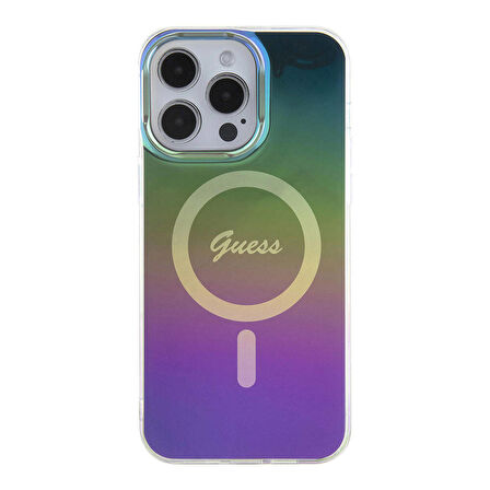 iPhone 15 Pro Uyumlu Kılıf Guess Orjinal Lisanslı Magsafe Şarj Özellikli Yazı Logo Iridescent Siyah