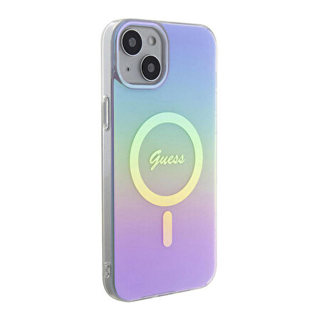 iPhone 15 Uyumlu Kılıf Guess Orjinal Lisanslı Magsafe Şarj Özellik Yazı Logolu Iridescent Kapak Mor