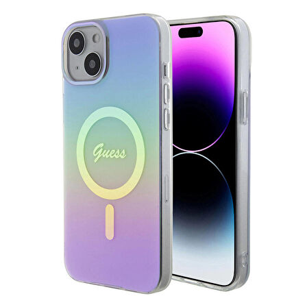 iPhone 15 Uyumlu Kılıf Guess Orjinal Lisanslı Magsafe Şarj Özellik Yazı Logolu Iridescent Kapak Mor