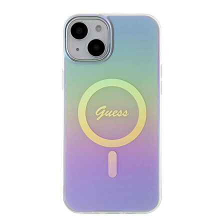 iPhone 15 Uyumlu Kılıf Guess Orjinal Lisanslı Magsafe Şarj Özellik Yazı Logolu Iridescent Kapak Mor