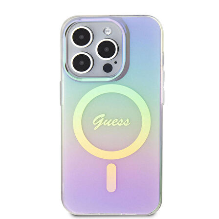 iPhone 15 Pro Uyumlu Kılıf Guess Orjinal Lisanslı Magsafe Şarj Özellikli Yazı Logolu Iridescent Mor