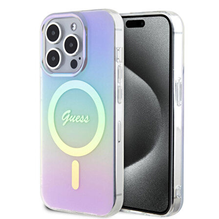 iPhone 15 Pro Max Uyumlu Kılıf Guess Orjinal Lisanslı Magsafe Şarj Özellik Yazı Logo Iridescent Mor