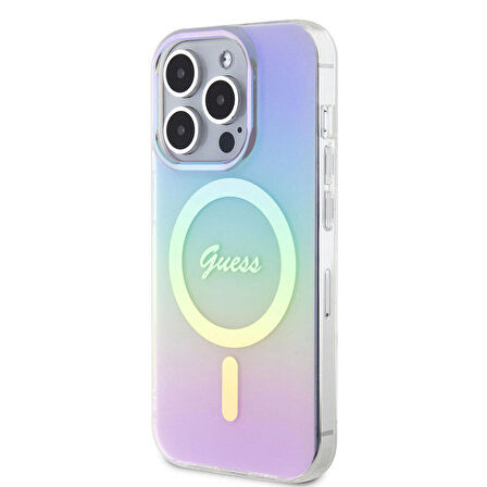 iPhone 15 Pro Max Uyumlu Kılıf Guess Orjinal Lisanslı Magsafe Şarj Özellik Yazı Logo Iridescent Mor