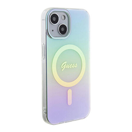 iPhone 15 Plus Uyumlu Kılıf Guess Orjinal Lisanslı Magsafe Şarj Özellik Yazı Logo Iridescent Turkuaz