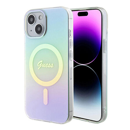 iPhone 15 Plus Uyumlu Kılıf Guess Orjinal Lisanslı Magsafe Şarj Özellik Yazı Logo Iridescent Turkuaz