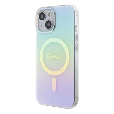 iPhone 15 Plus Uyumlu Kılıf Guess Orjinal Lisanslı Magsafe Şarj Özellik Yazı Logo Iridescent Turkuaz