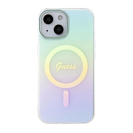 iPhone 15 Plus Uyumlu Kılıf Guess Orjinal Lisanslı Magsafe Şarj Özellik Yazı Logo Iridescent Turkuaz