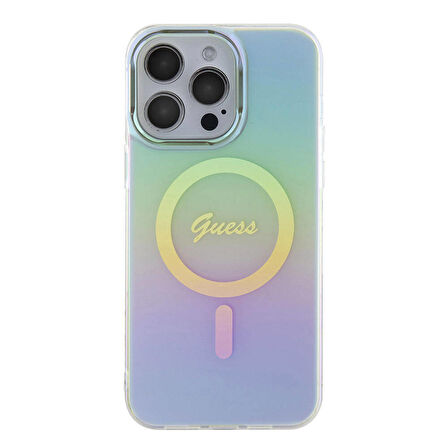 iPhone 15 Pro Uyumlu Kılıf Guess Orjinal Lisanslı Magsafe Şarj Özellik Yazı Logo Iridescent Turkuaz