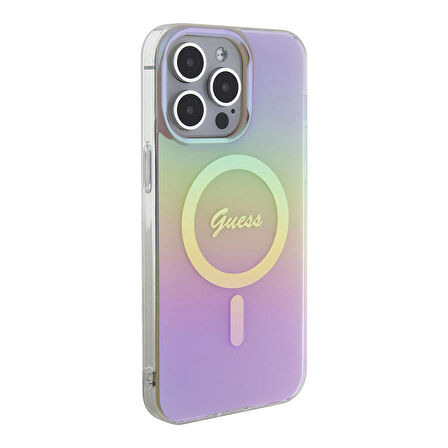 iPhone 15 Pro Max Uyumlu Kılıf Guess Orjinal Lisans Magsafe Şarj Özellik Yazı Logo Iridescent Pembe