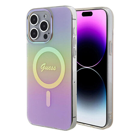 iPhone 15 Pro Max Uyumlu Kılıf Guess Orjinal Lisans Magsafe Şarj Özellik Yazı Logo Iridescent Pembe