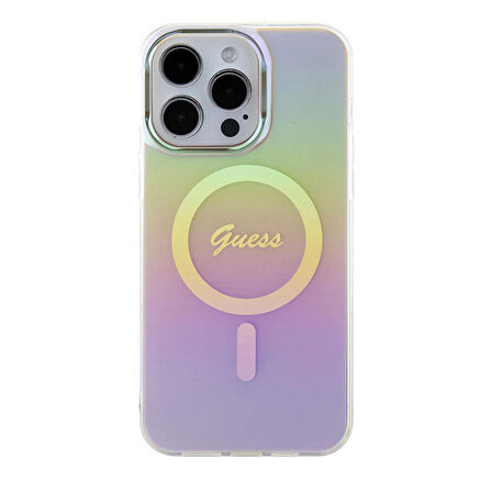 iPhone 15 Pro Max Uyumlu Kılıf Guess Orjinal Lisans Magsafe Şarj Özellik Yazı Logo Iridescent Pembe