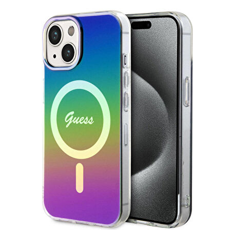 iPhone 15 Plus Uyumlu Kılıf Guess Orjinal Lisanslı Magsafe Şarj Özellik Yazı Logolu Iridescent Siyah