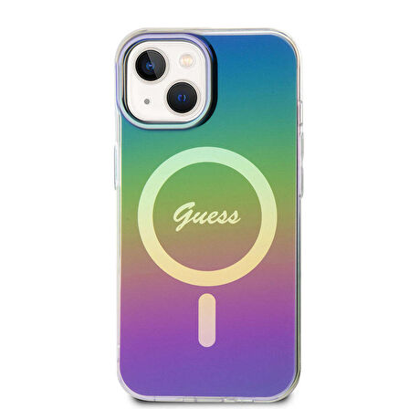 iPhone 15 Plus Uyumlu Kılıf Guess Orjinal Lisanslı Magsafe Şarj Özellik Yazı Logolu Iridescent Siyah