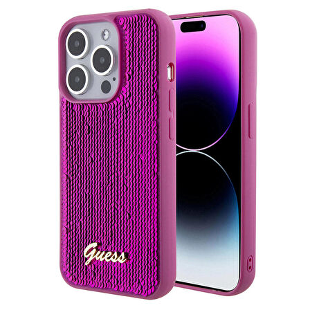 iPhone 15 Pro Kılıf Guess Orjinal Lisanslı Pullu Arka Yüzey Metal Yazı Logolu Sequin Script Pembe