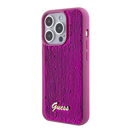 iPhone 15 Pro Kılıf Guess Orjinal Lisanslı Pullu Arka Yüzey Metal Yazı Logolu Sequin Script Pembe