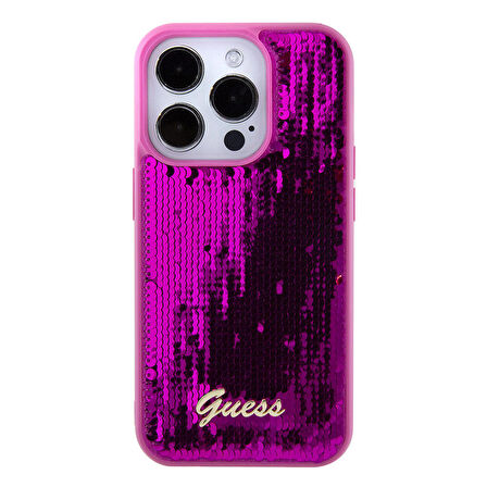 iPhone 15 Pro Kılıf Guess Orjinal Lisanslı Pullu Arka Yüzey Metal Yazı Logolu Sequin Script Pembe