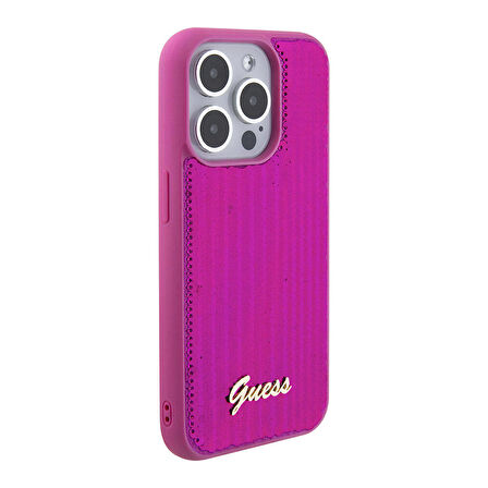 iPhone 15 Pro Kılıf Guess Orjinal Lisanslı Pullu Arka Yüzey Metal Yazı Logolu Sequin Script Pembe