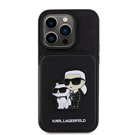 iPhone 15 Pro Max Kılıf Karl Lagerfeld Stand Kartlıklı Saffiano K&C Metal Logo Orjinal Lisans Siyah